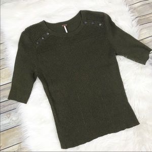 Free People Olive Green Ribbed Sweater Top, Size L